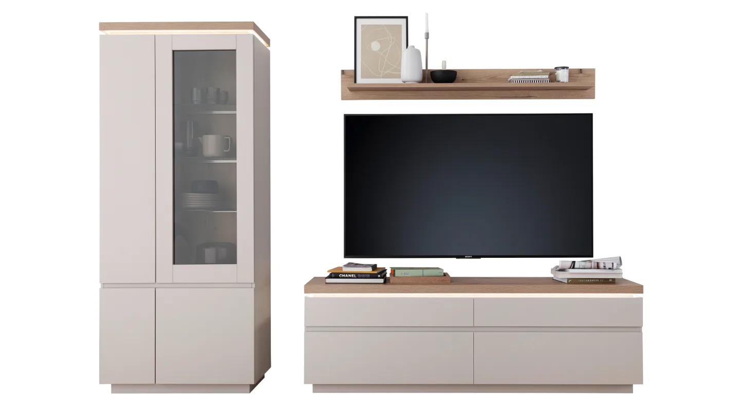Wohnwand Beige-Kaschmir - Eiche 278 cm - Beleuchtung - REMOLINO