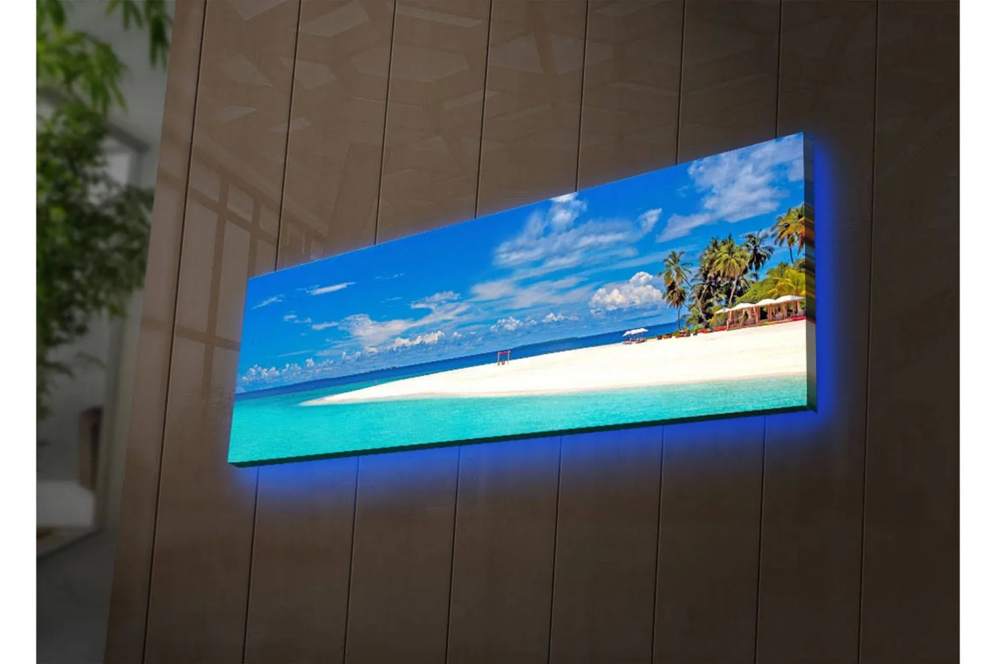 Canvastavla med LED-belysning 30x90 cm - Paradisstrand med turkost vatten och palmer - Turkos / Blå / Grön