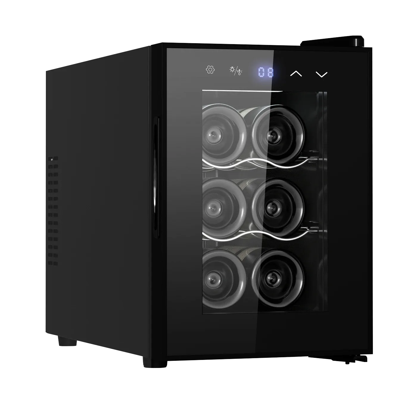 Weinkühlschrank freistehender schwarz, Cavin Tundra Collection 6, eine Temperaturzone, 6 Flaschen, leiser Weinkühlschrank, günstiger Weinkühlschrank, B: 26,5 x H: 41 x T: 51,5 cm
