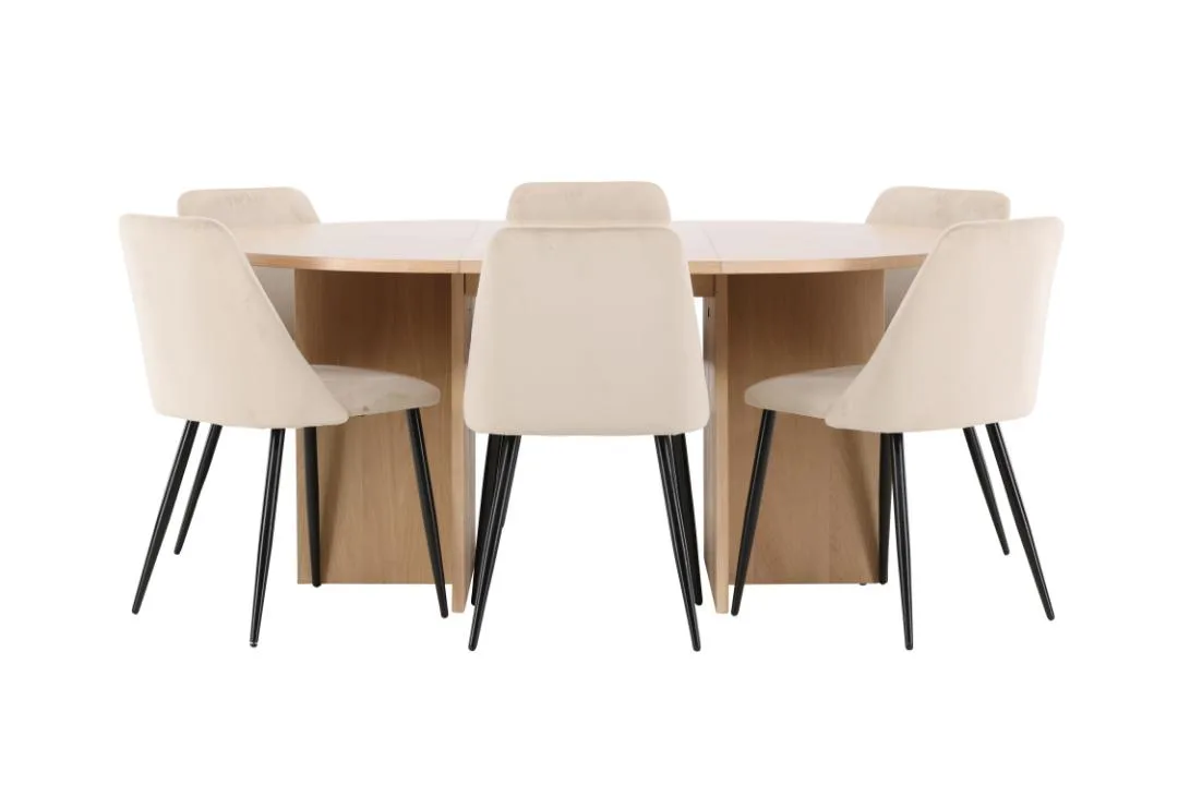 Strada Essgruppe Ausziehtisch Ø120cm, 170cm und 6 Stühle whitewash, beige.