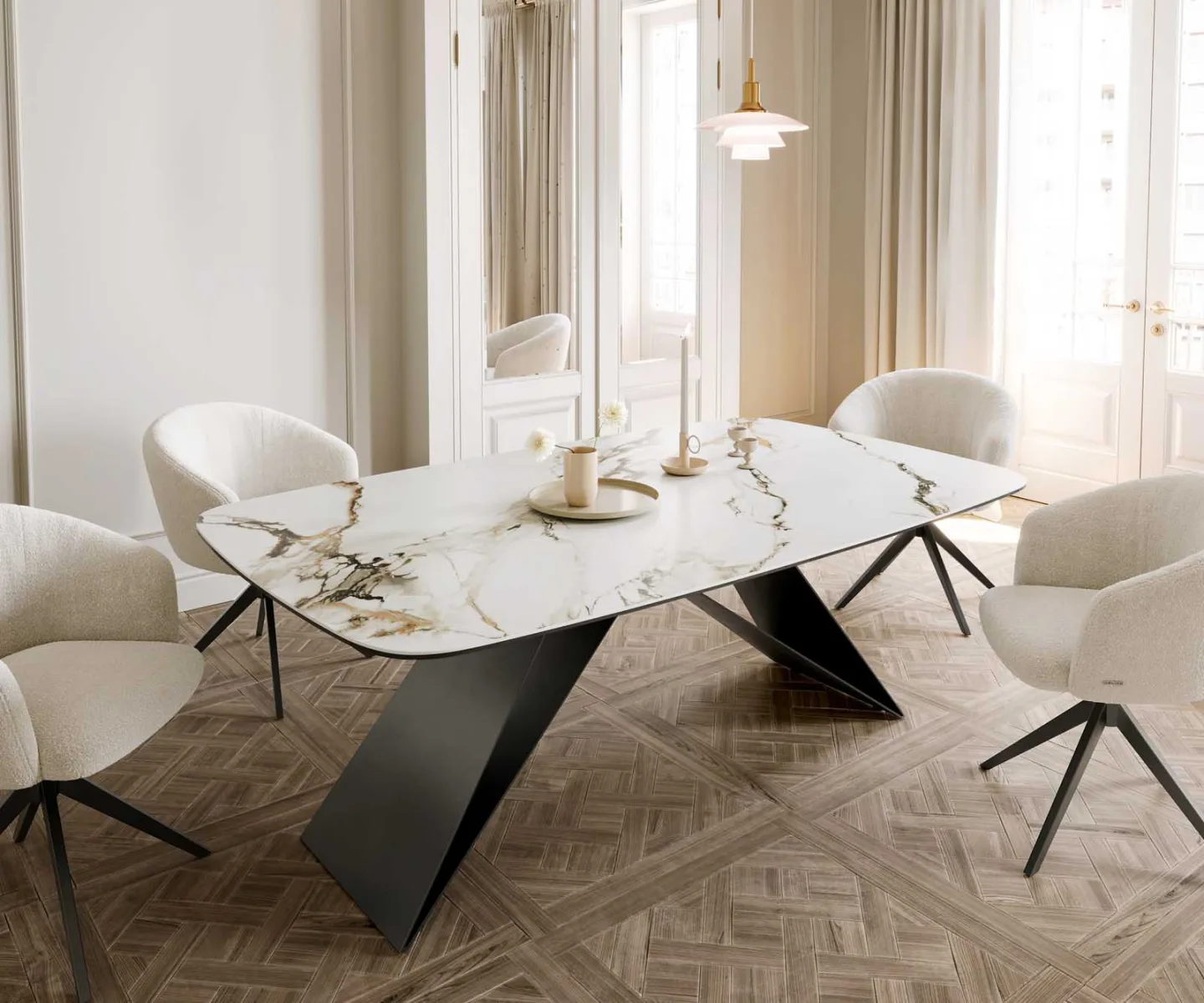 Esstisch Edge Boot 200x100 Keramik Calacatta Luxe Weiß-Gold-Grau V-Gestell Flachstahl Schwarz