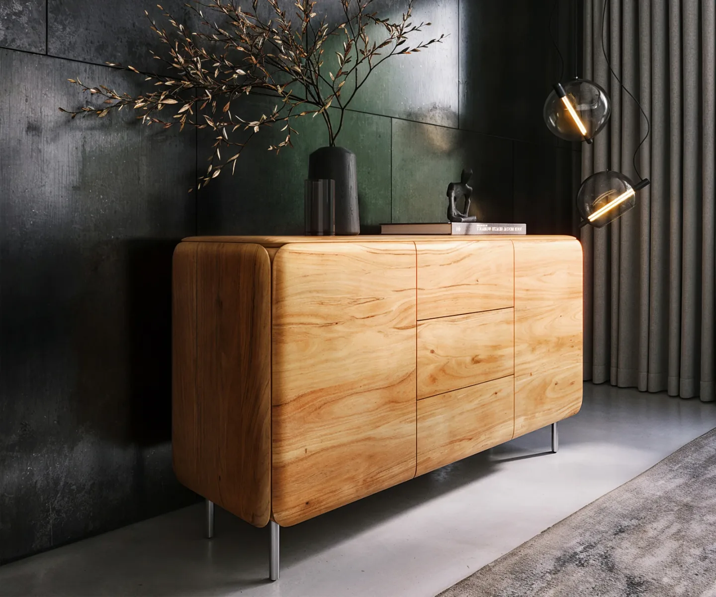 Sideboard Shavani 145 cm Akazie Natur 2 Türen 3 Schubladen Rundfuß Edelstahl Silber