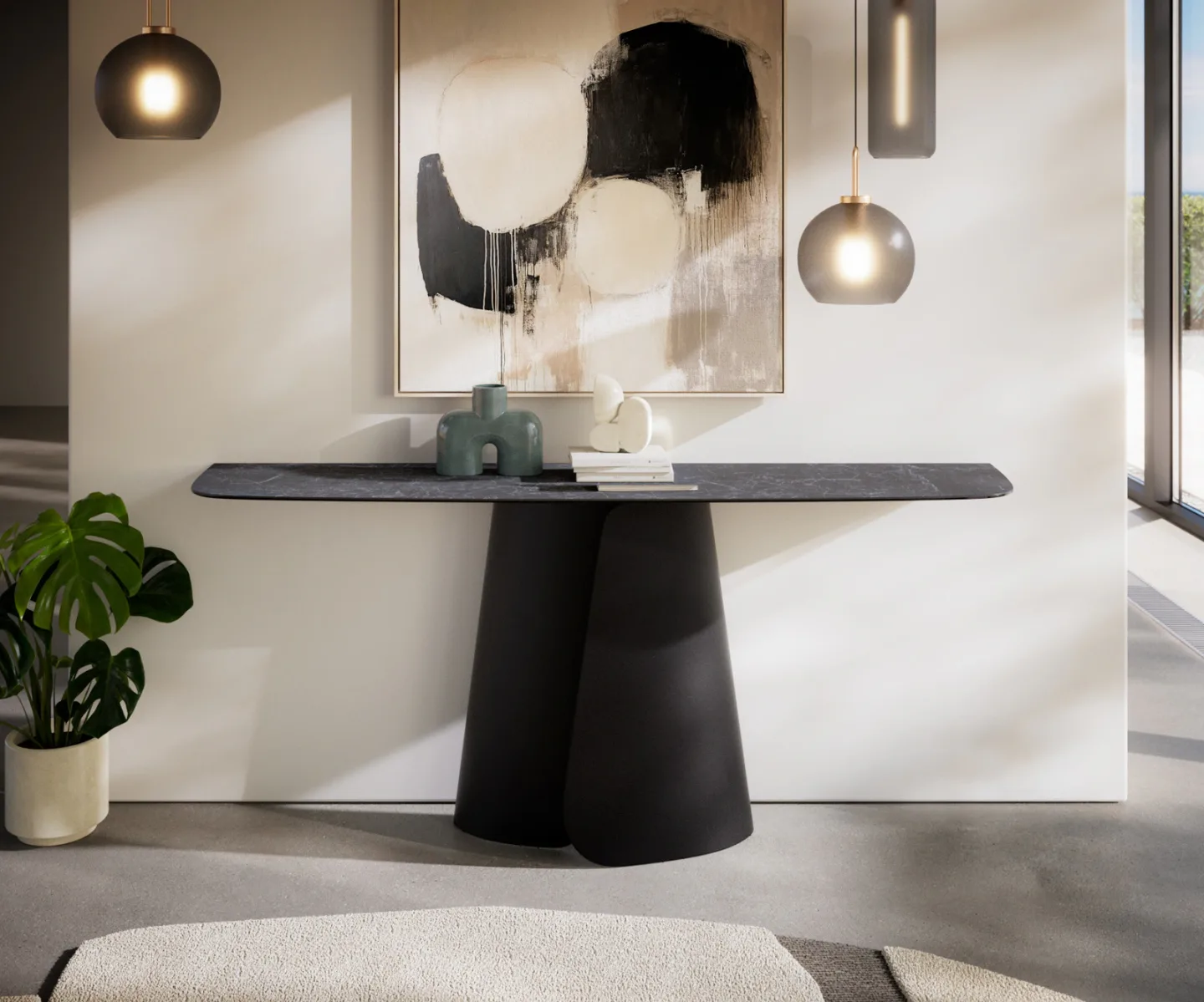 Konsolentisch Edge Boot 180x40 cm Keramik Laminam® Nero Greco Anthrazit Livos Metall Schwarz