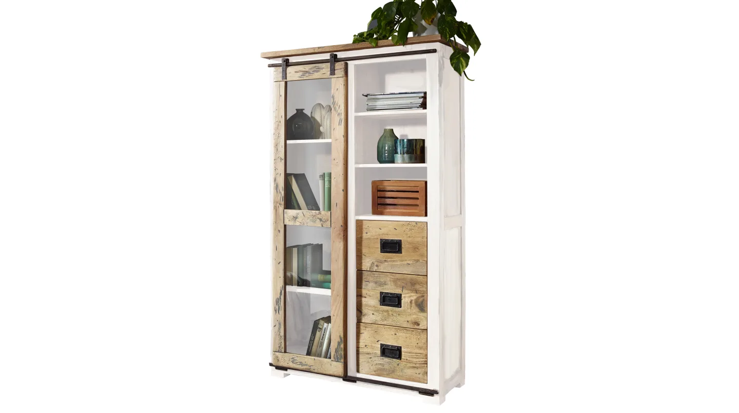 Vitrine mit Schiebetür Mango massiv weiß Breite 100 cm - EMANUEL