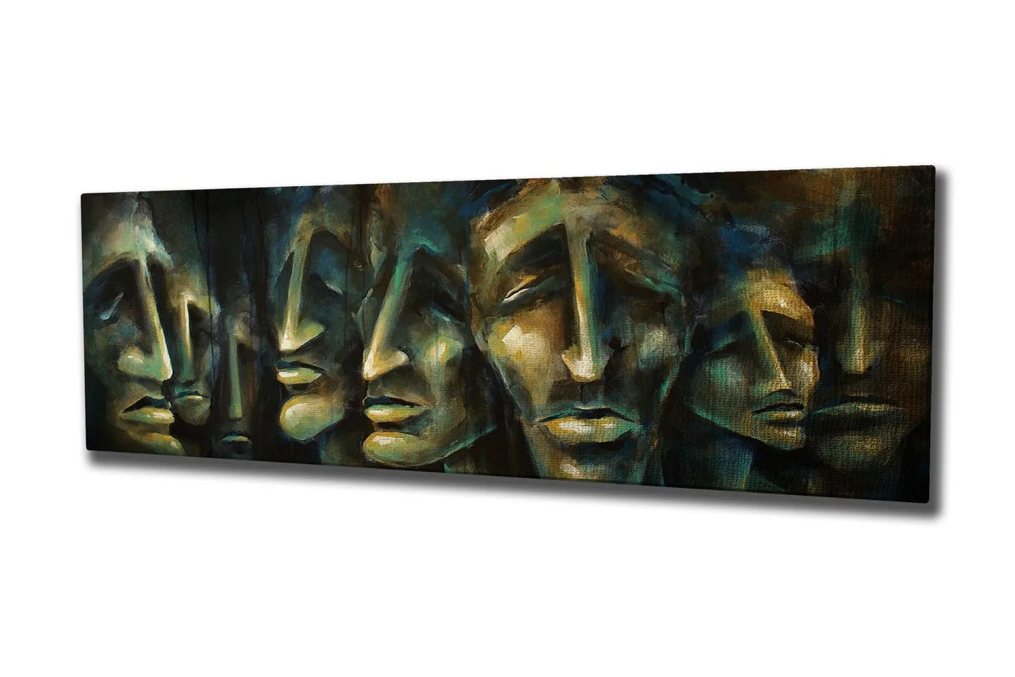 Canvastavla 80x30 cm - Abstrakt komposition av ansikten med uttrycksfulla drag - Mörkblå / Grön / Beige