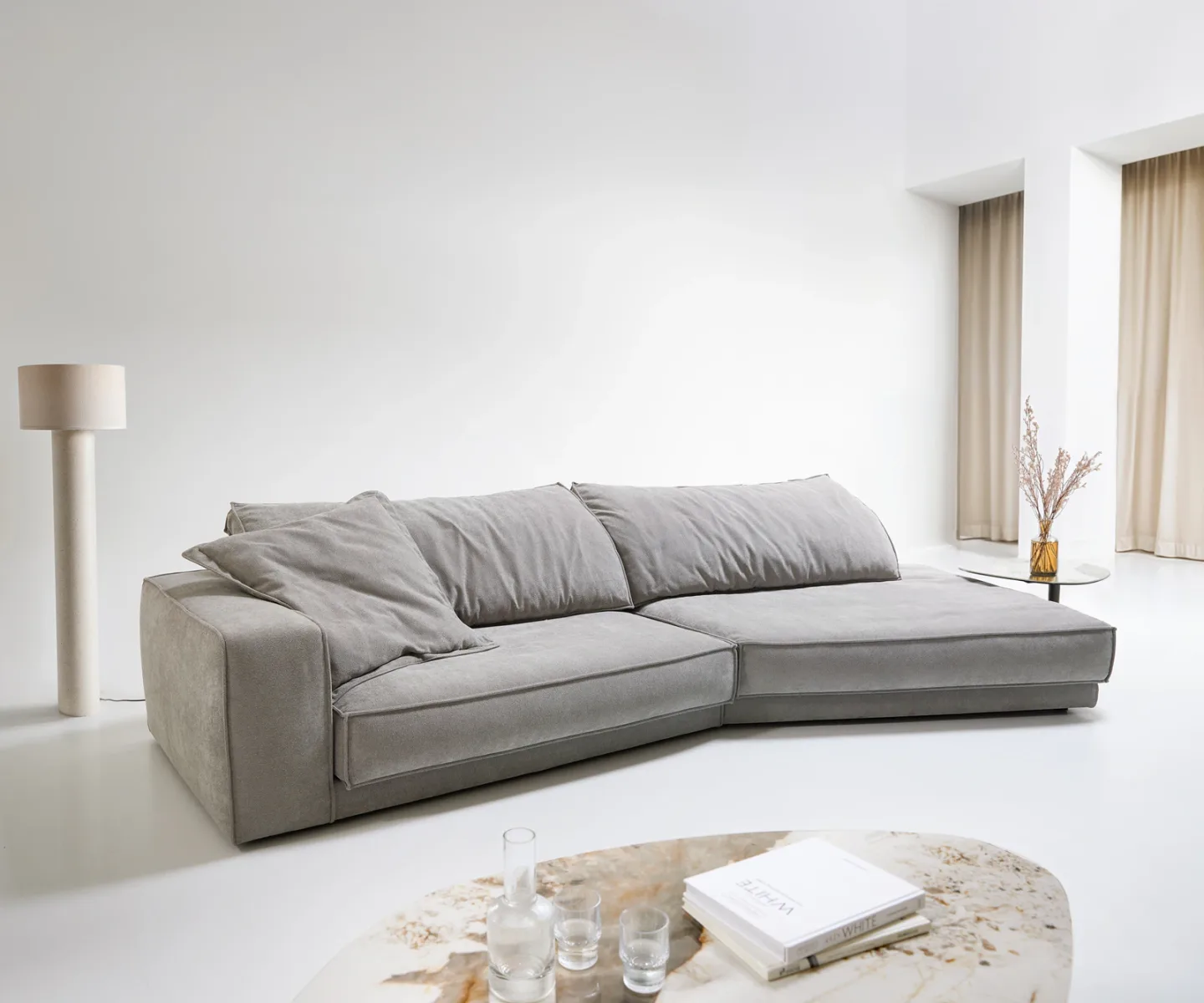 Big-Sofa Snoosh 400x150 cm Strukturstoff Soft Grau Recamiere rechts