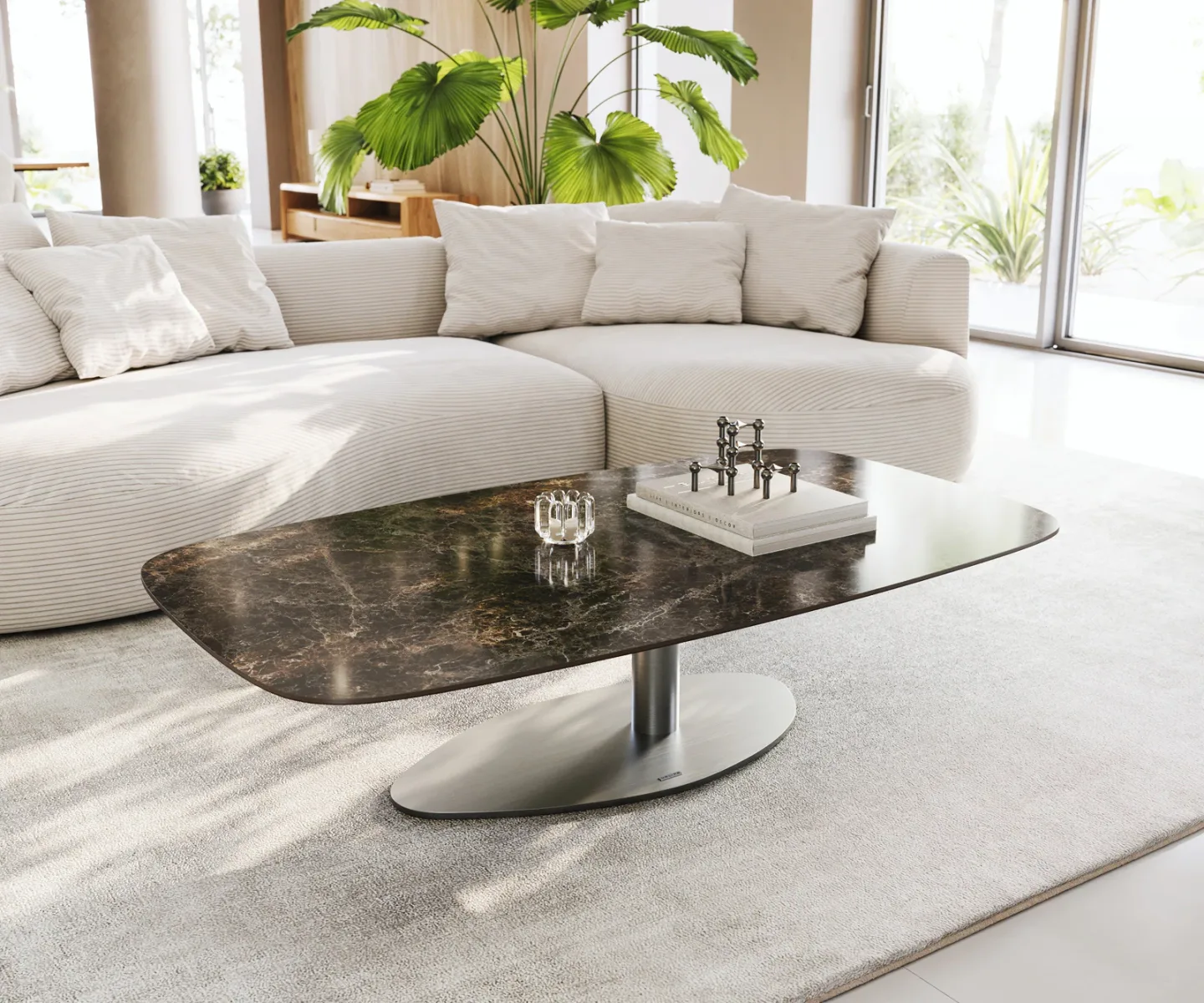 Couchtisch Edge Boot 140x80 cm Keramik Emperador Extra Lucidato Dunkelbraun Vibany Edelstahl gebürstet