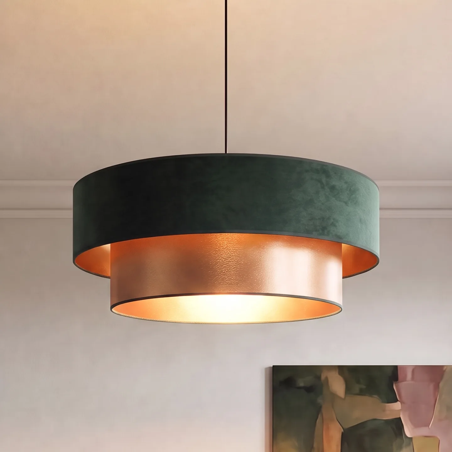 Dorina Pendellampe, grün/gold, Ø 60 cm, Textil, E27 - Duolla - Schlafzimmer - Junges Wohnen - Stoff / Textil - Einflammig