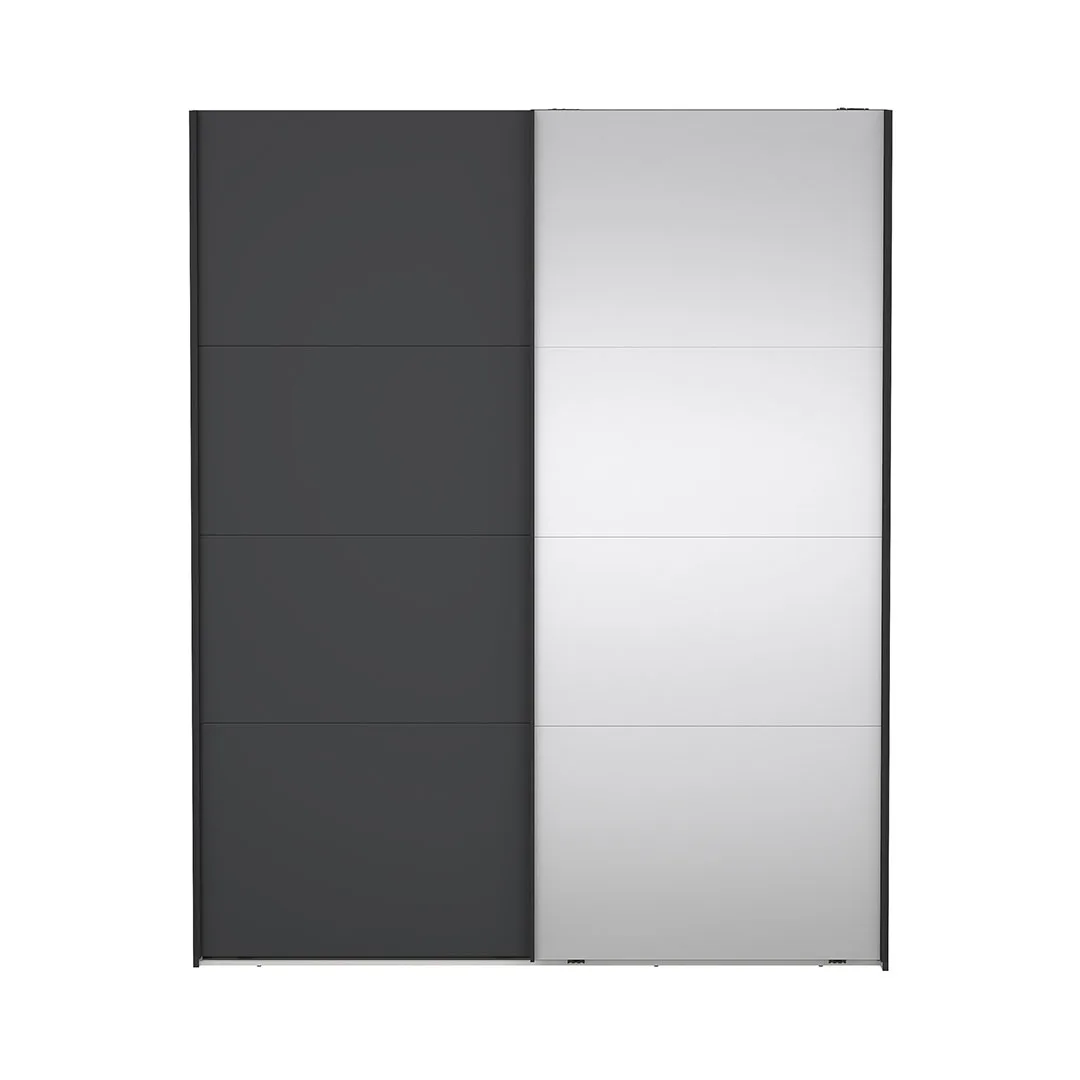 Catania Kleiderschrank 221x179x65cm, 1 Schiebetür, 1 Schiebetür mit Spiegel matte grau.
