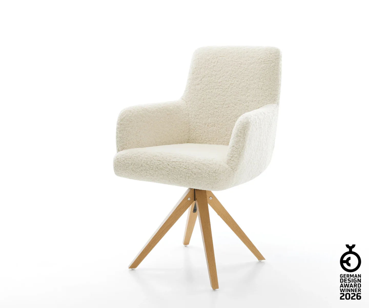 Drehstuhl Heira-Flex mit Armlehnen Teddystoff Beige Holzgestell kantig Natur 360° drehbar Taschenfederkern