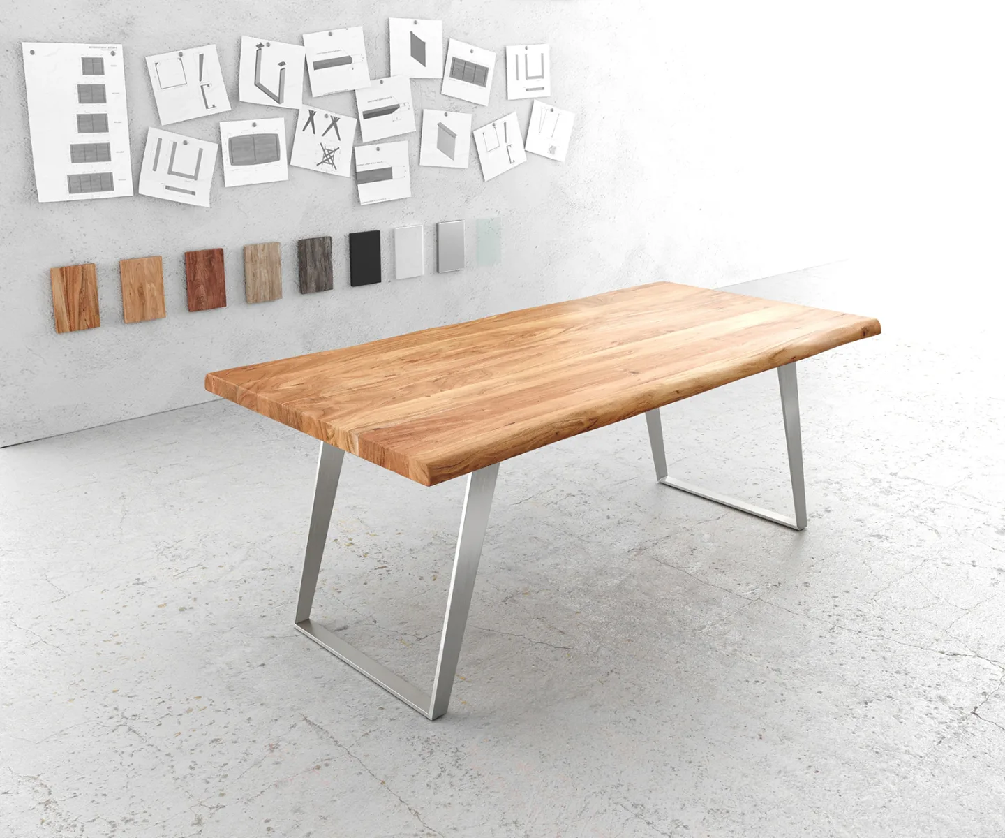 Esstisch Edge 200x100cm XL Akazie Natur Edelstahl Silber schräg Live-Edge