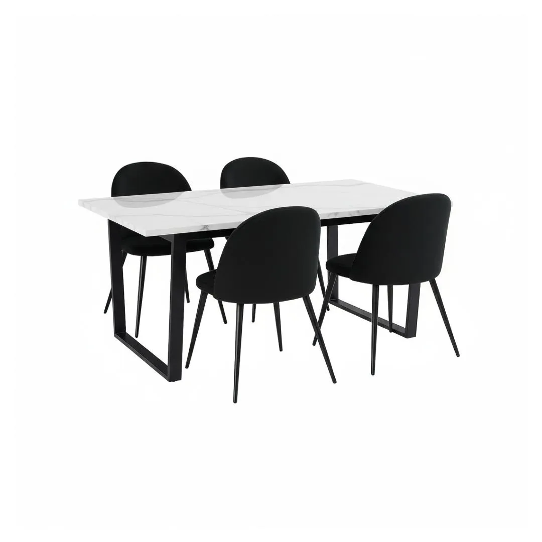 Tilst Essgruppe Tisch weiß Marmor Print 90x160 4 Stühlen Velour schwarz.