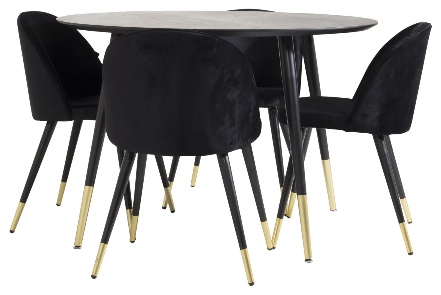 DippØ115BLBR Essgruppe Esstisch schwarz und 4 Velvet Esszimmerstühle Velour schwarz, Messing dekor.
