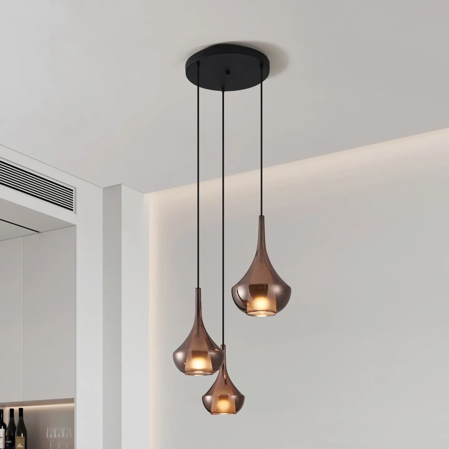 Almoster hänglampa, koppar, Ø 55 cm, 3 lampor – Stars of Light - Vardagsrum - Modern - Glas - Med lampskärm