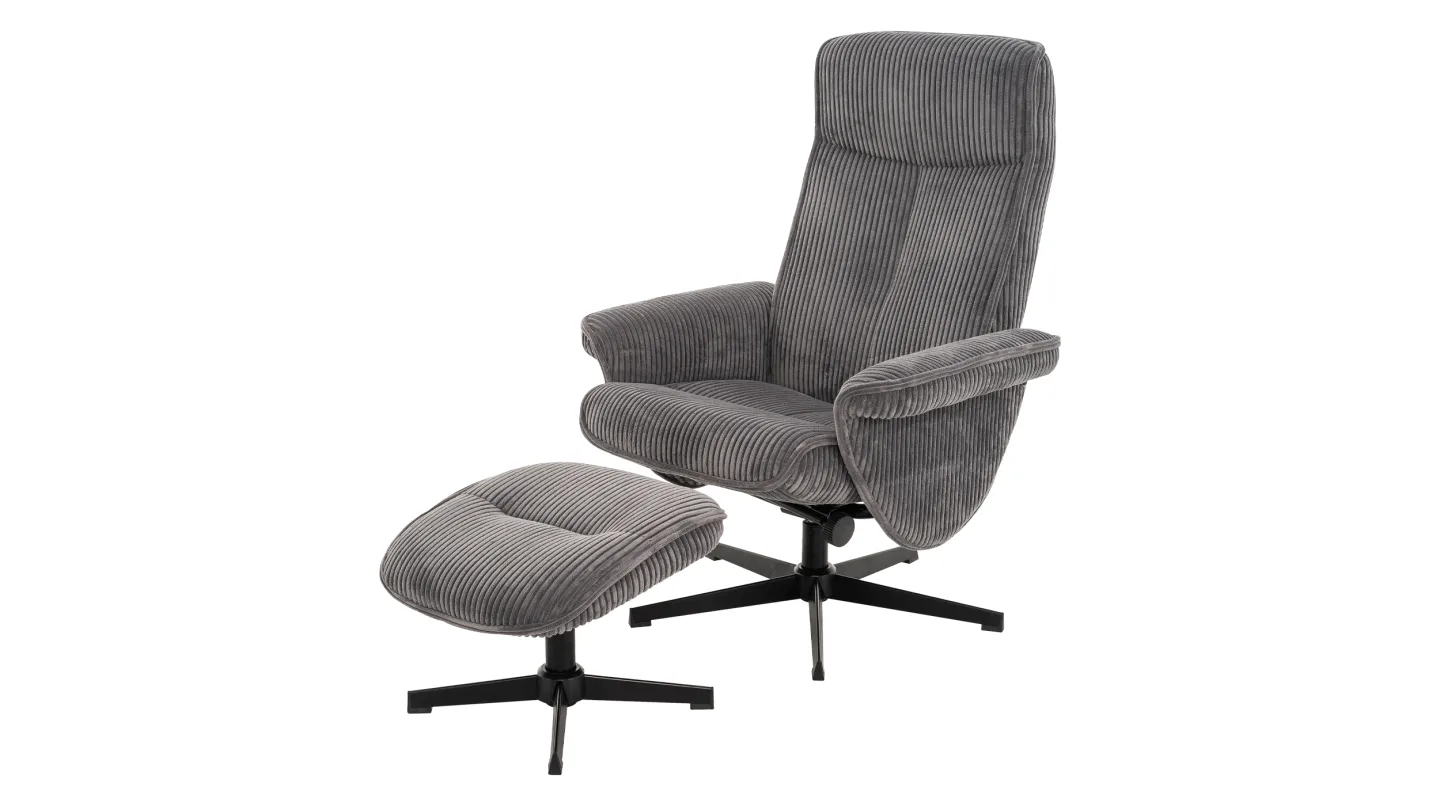 Relaxsessel Cord mit Hocker grau - drehbar - CALMO