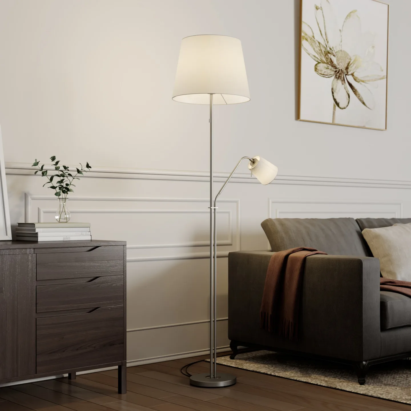 Nantwin Gulvlampe White/Nickel - Lindby - Stue - Moderne - Stoff / Tekstil - Med flere lyskilder