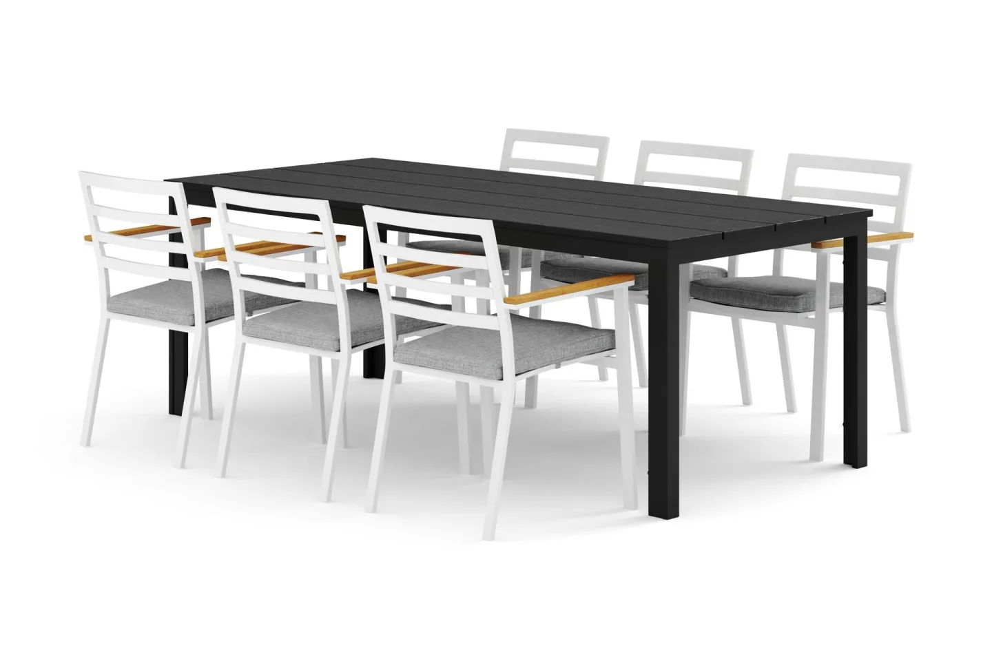 Tunis utomhus matgrupp 205x90 cm med 6 Oliver karmstolar med dyna - Svart/Svart
