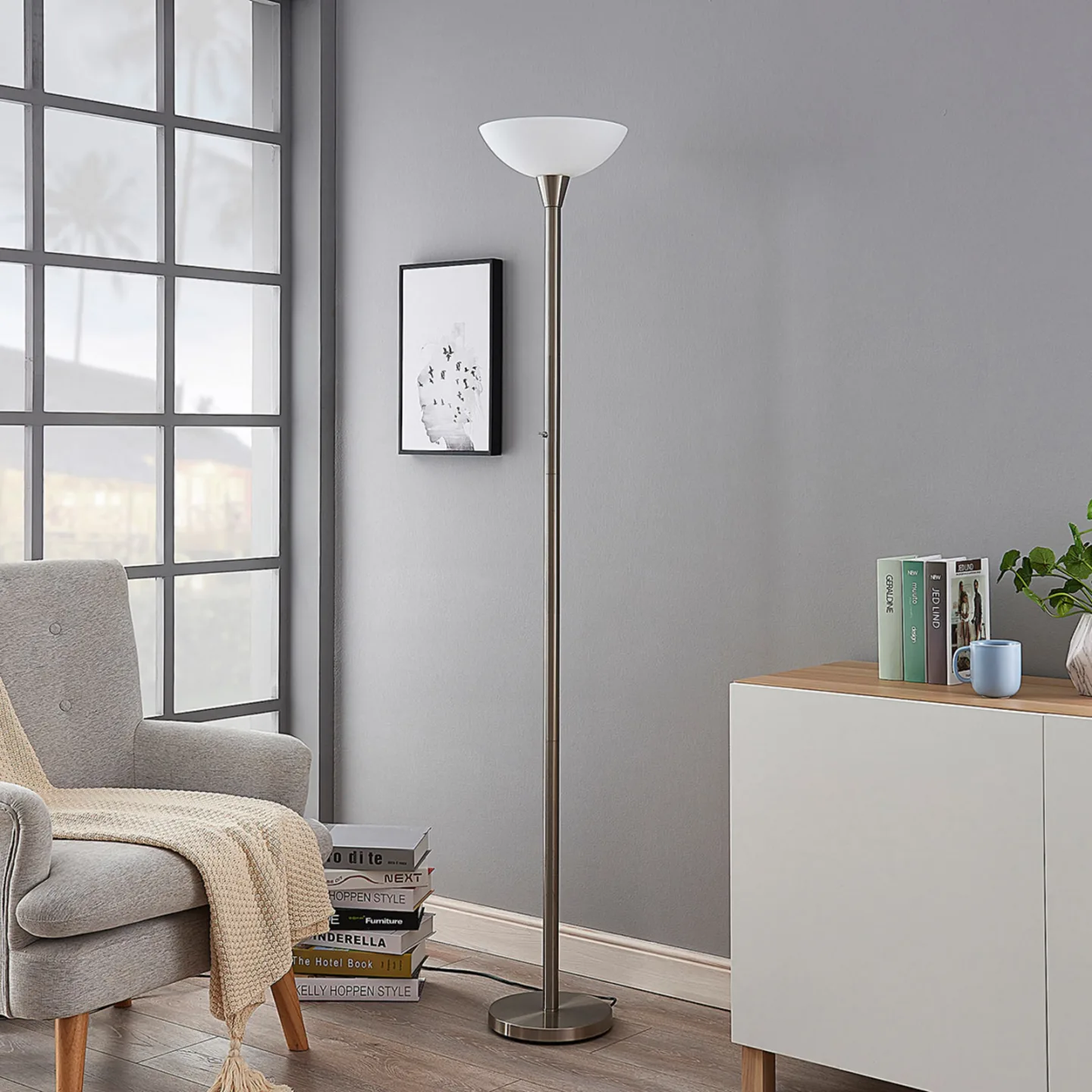Ignacia Stehleuchte Nickel/Opal - Lindby - Wohnzimmer - Modern - Metall - Einflammig