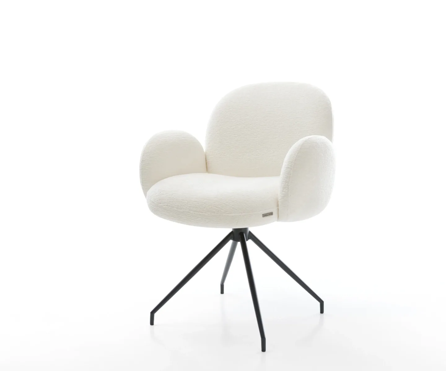 Esszimmerstuhl Nube-Flex mit Armlehnen Bouclé Soft Beige Kreuzgestell konisch Schwarz Taschenfederkern