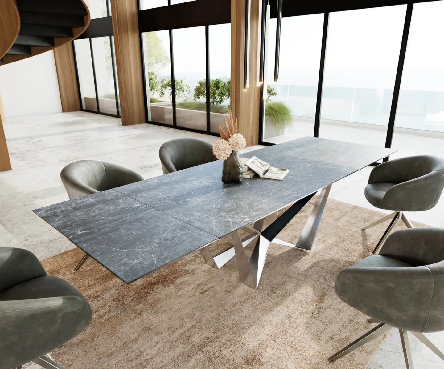 Esstisch Edge 200-300x100 Keramik Laminam®Nero Greco Anthrazit Spider Flachstahl Edelstahl ausziehbar