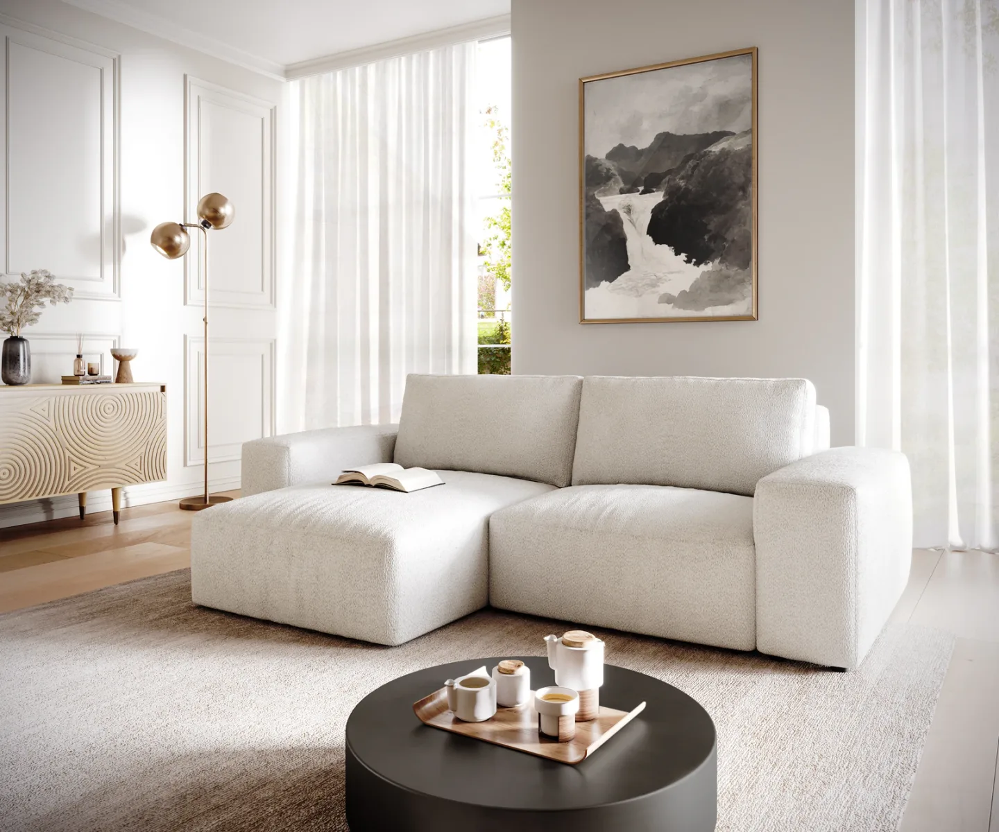 Ecksofa Lanzo 230x155 cm Bouclé Creme-Weiß Recamiere variabel