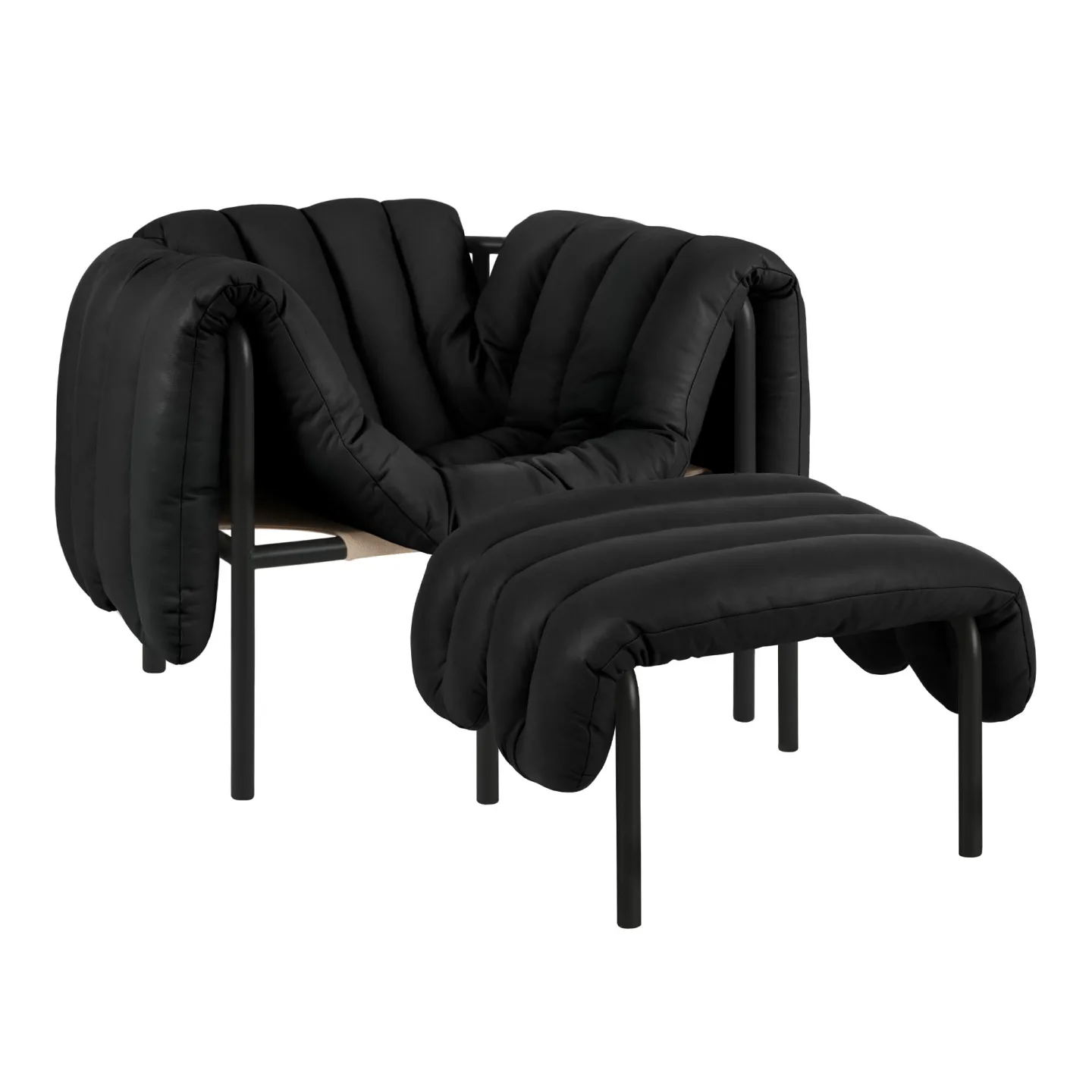 HEM - Puffy Lounge Chair + Ottoman - Black Leather/Black Grey - Fåtöljer - Faye Toogood - Svart - Läder/Naturmaterial/Metall/Trä/Skum