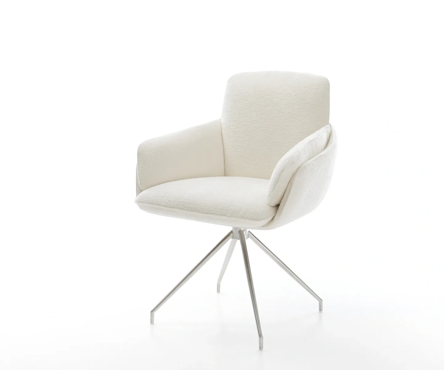 Esszimmerstuhl Luan-Flex mit Armlehnen Bouclé Soft Beige Kreuzgestell konisch Edelstahl