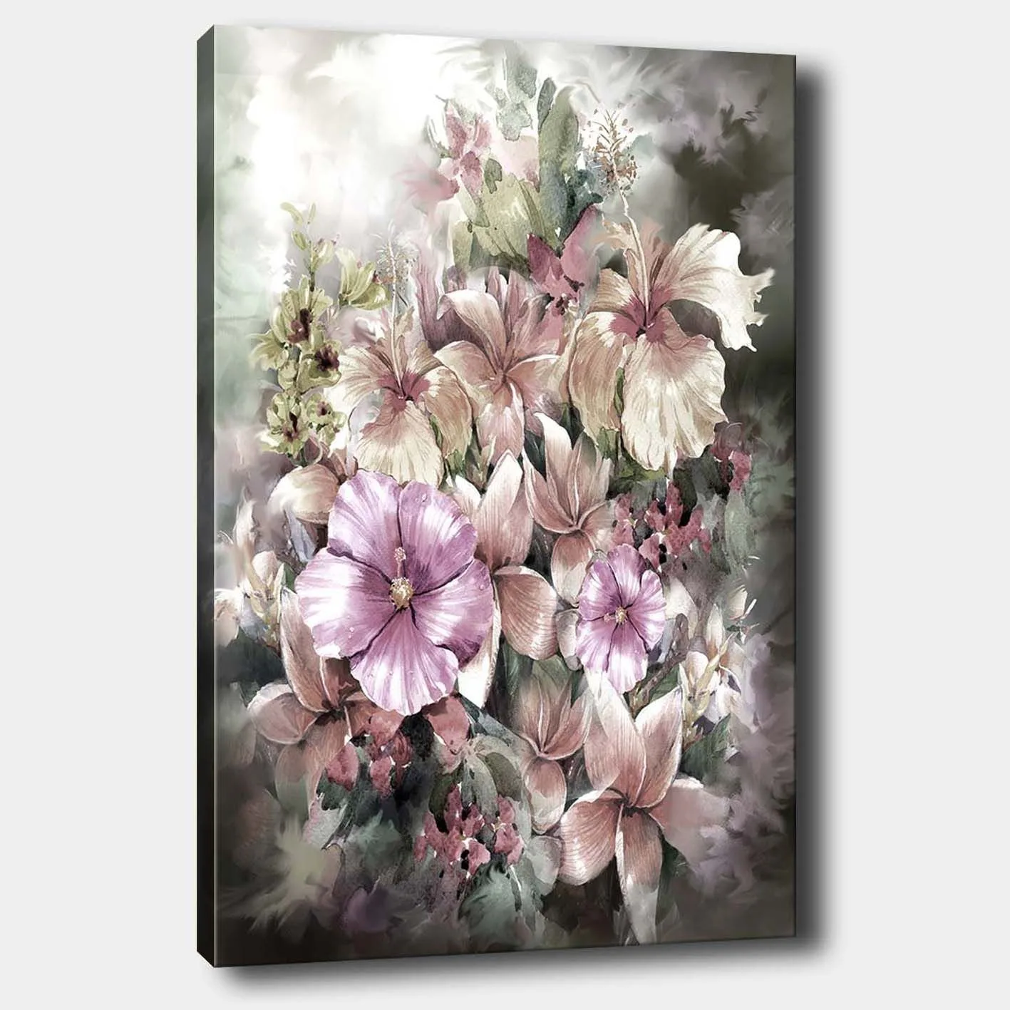 Canvastavla 70x100 cm - Vacker bukett av blommor i mjuka pastellfärger - Lila / Rosa / Grön