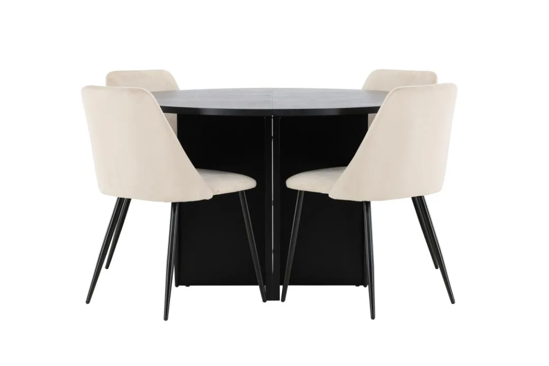 Strada Essgruppe Ausziehtisch Ø120cm, 170cm und 4 Stühle schwarz, beige.