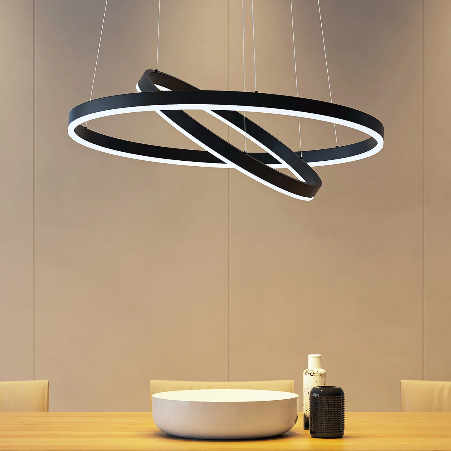 Arcchio LED-Hängeleuchte Albiona, schwarz, 2 Ringe, Ø 60 cm - Küche - Modern - Metall - Mehrflammig