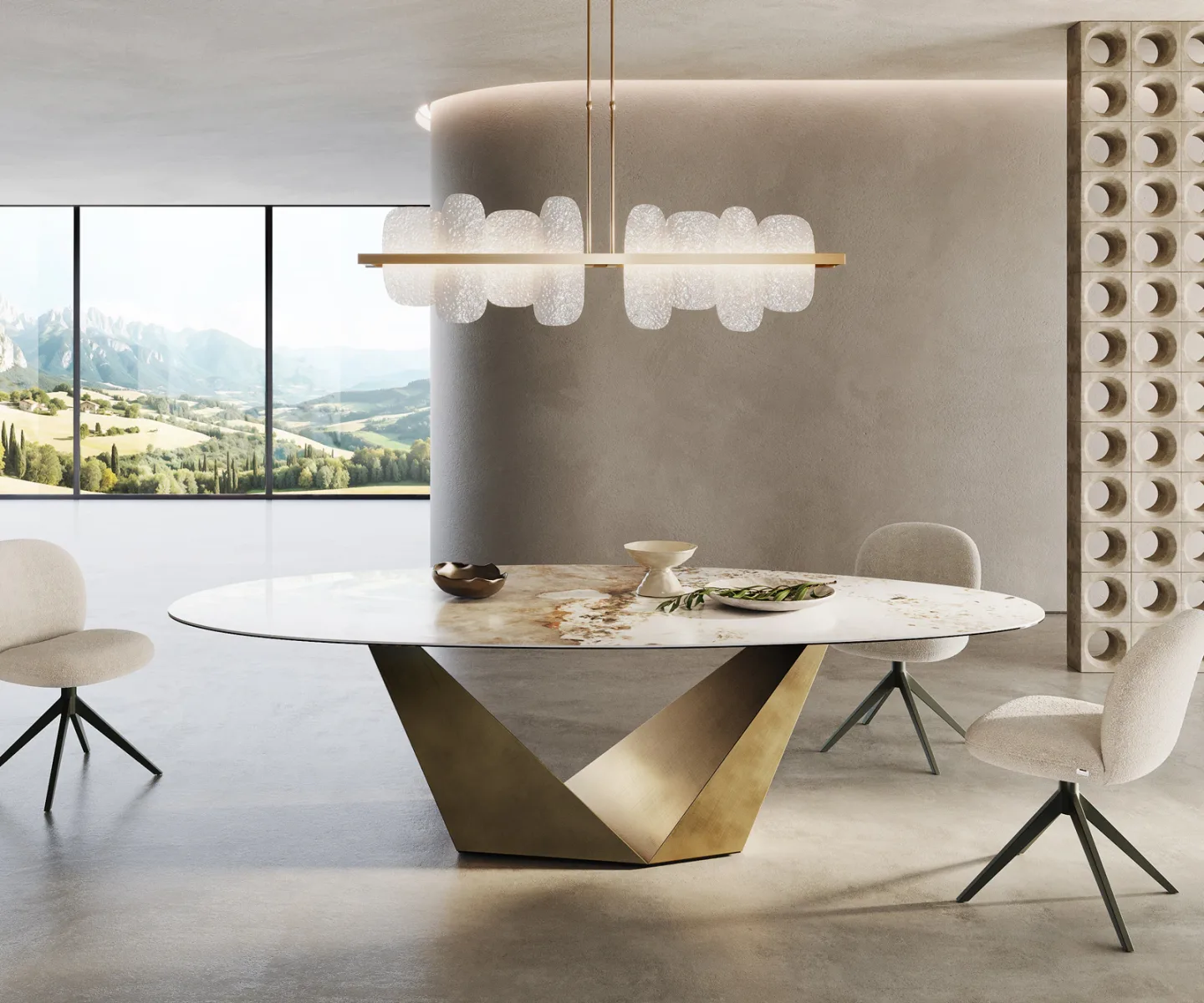 Esstisch Edge Oval 280x130 Keramik Minas Melange Weiß-Beige Prisma Metallic Gold