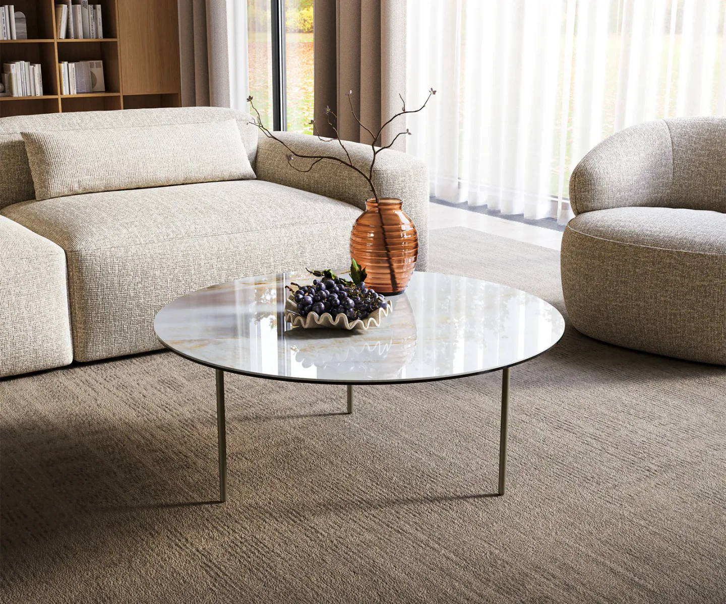 Couchtisch Edge Rund 90x90 cm Keramik Onyx Pearl Trive Metall Effektfinish Titan
