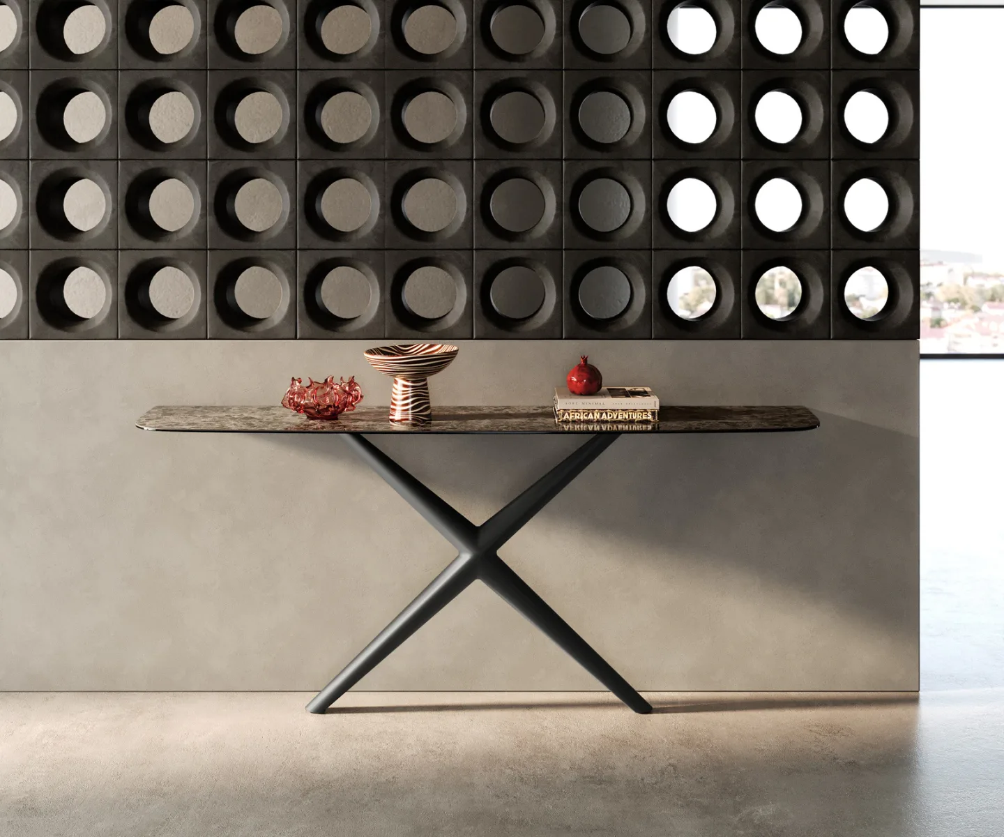 Konsolentisch Edge Boot 180x40 cm Keramik Emperador Extra Lucidato Dunkelbraun Estelo Metall Schwarz
