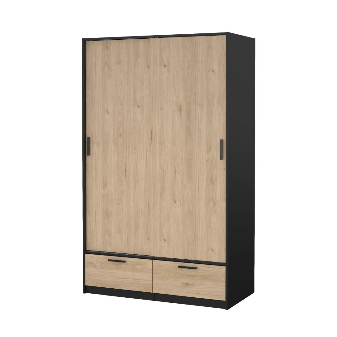 Line Kleiderschrank 2 Türen 2 Schubladen Nussbaum dekor schwarz matt.