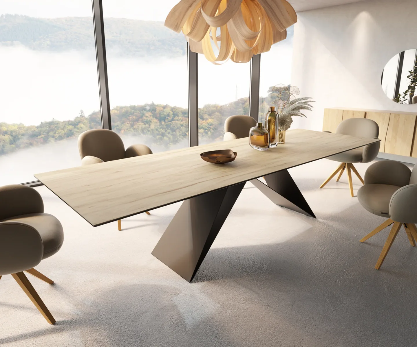 Esstisch Edge 300x100 Keramik Laminam® Sabbia Eichefarbig V-Gestell Flachstahl Schwarz