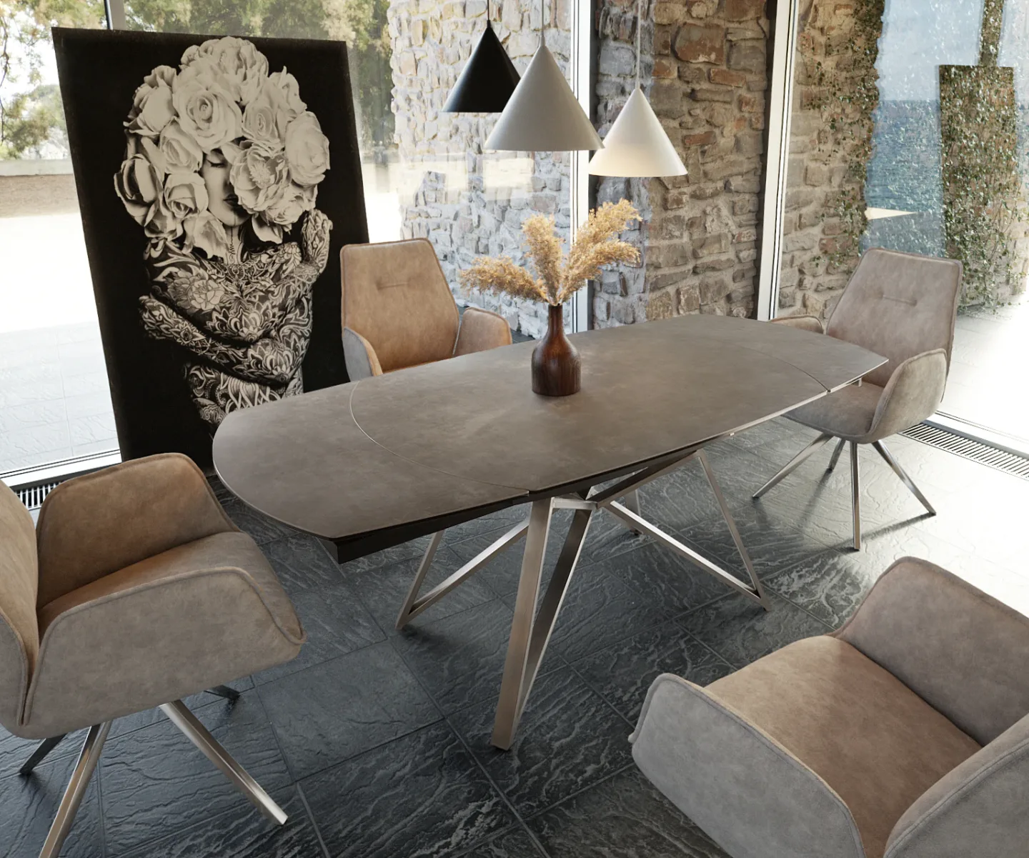 Esstisch Carlow 130/200x95 cm Keramik Braun Edelstahl ausziehbar