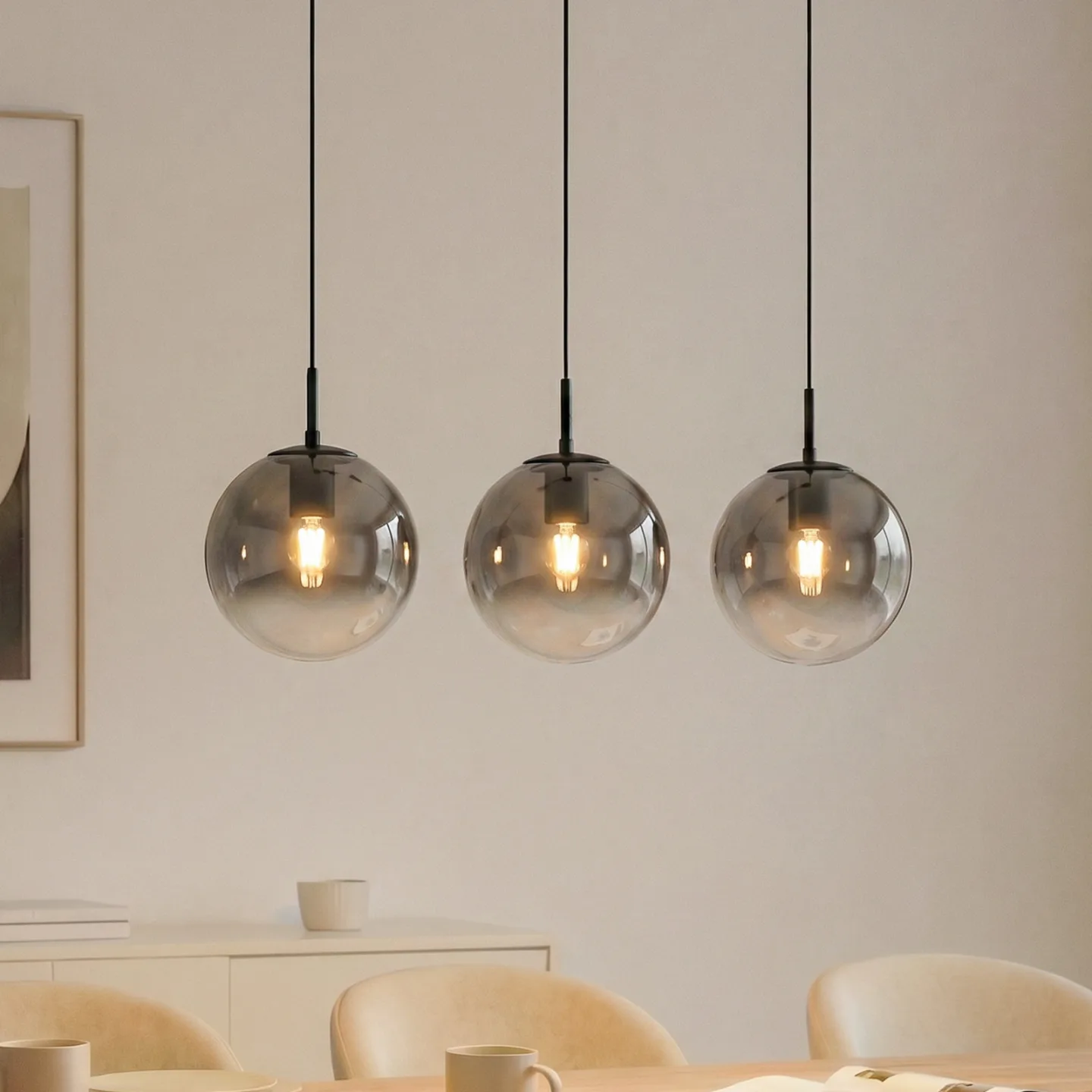 Veloura hengelampe, 3 lyskilder, 84 cm, glass, tre - Lucande - Stue - Design - Med flere lyskilder