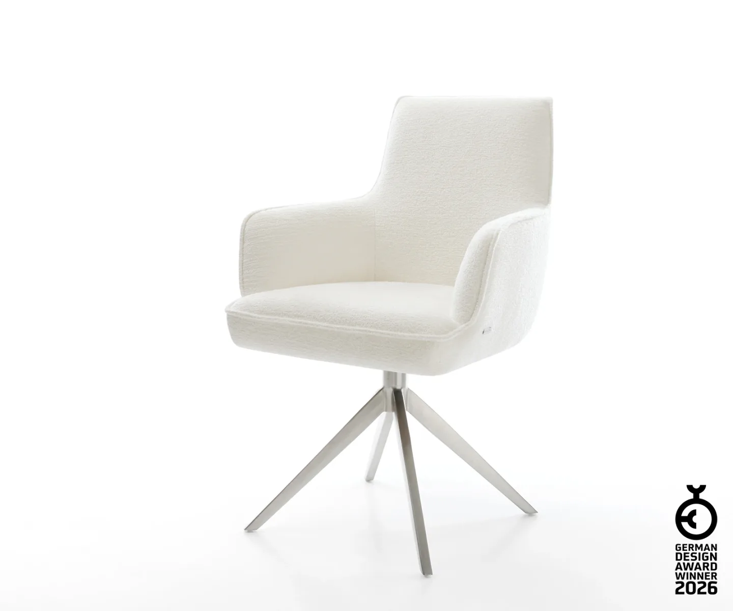 Drehstuhl Heira-Flex mit Armlehnen Bouclé Soft Beige Kreuzgestell breit Edelstahl 360° drehbar Wippfunktion Taschenfederkern