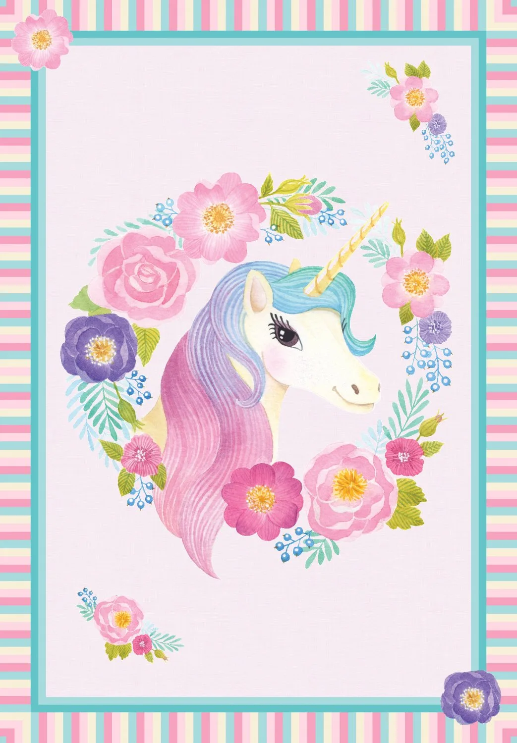 Barneteppe - Unicorn Flowers (rosa) (Størrelse: 120 x 170 cm)