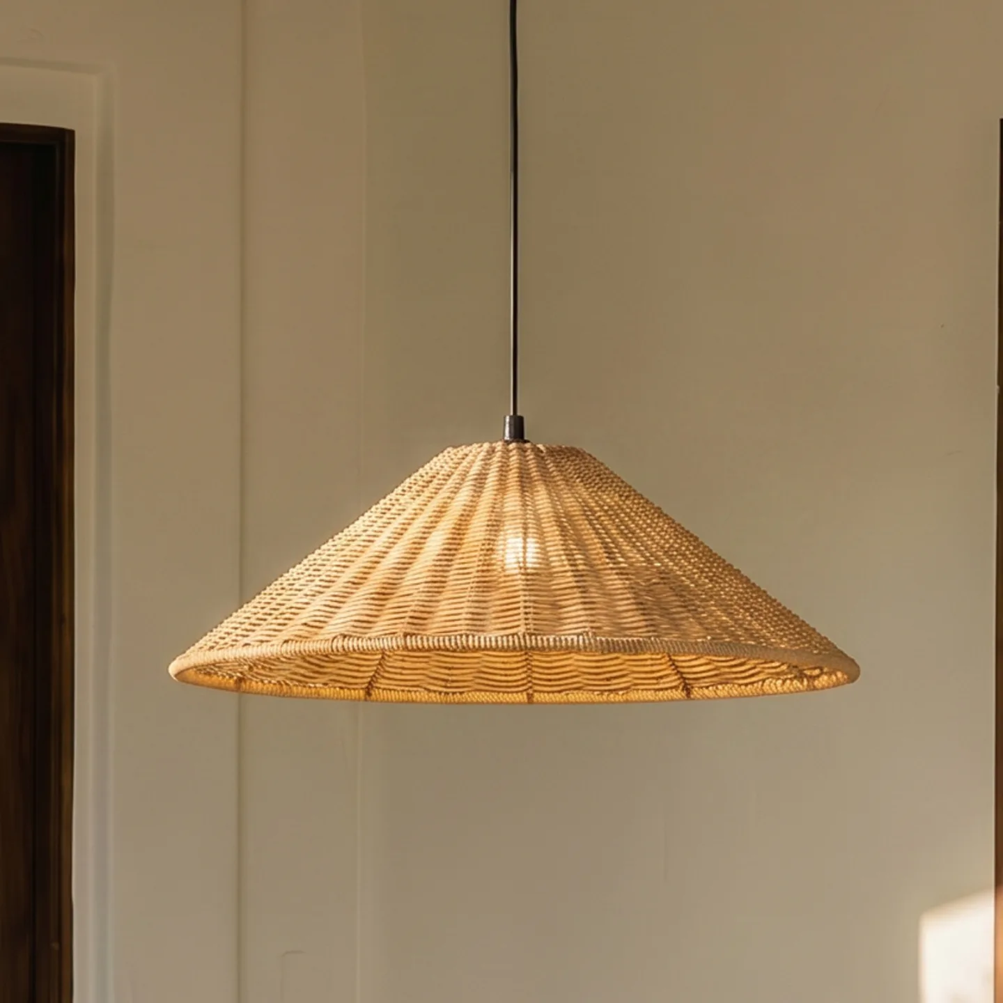 Taniola udendørs hængelampe, Ø 60 cm, E27, konisk, rattan, IP44 - Lucande - Terrasse - Rustik - Træ - Med én lyskilde