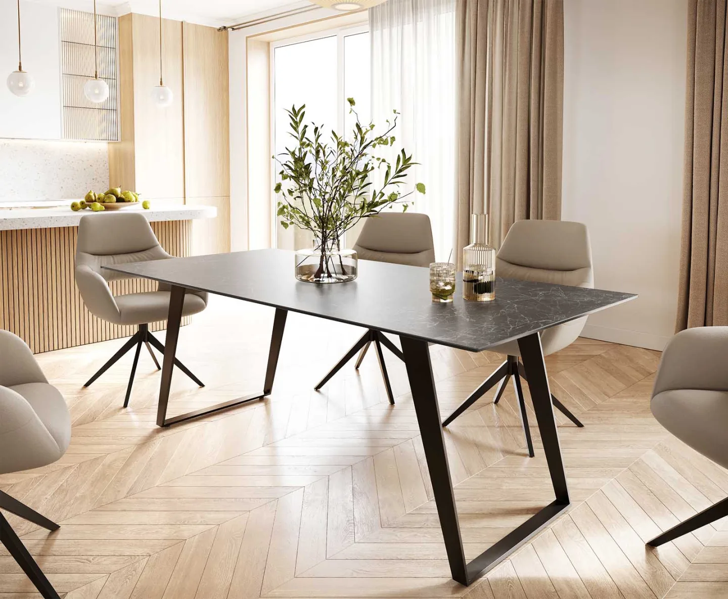 Esstisch Edge 200x100 Keramik Laminam® Nero Greco Anthrazit Metall Schräg Schwarz