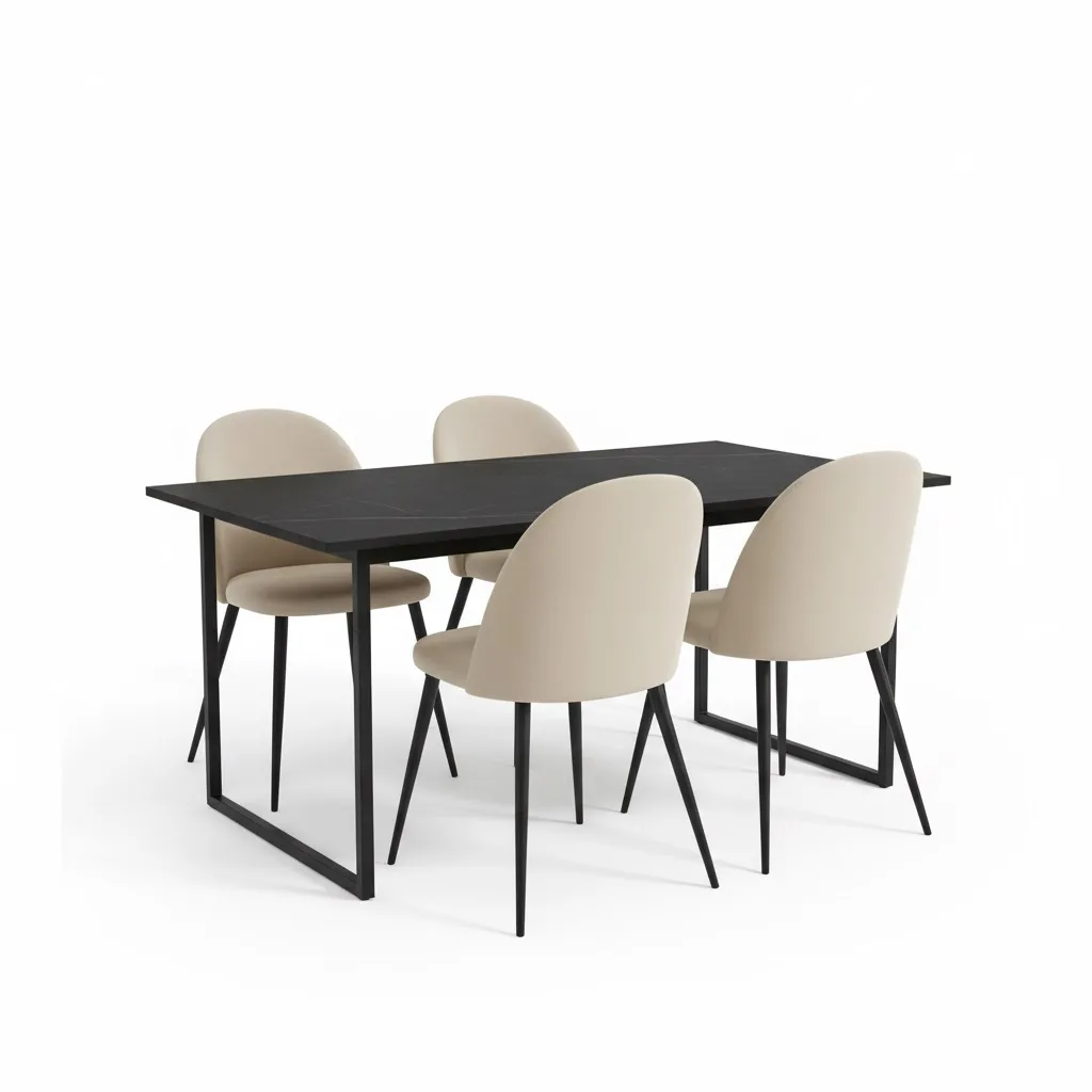 Tilst Essgruppe Tisch schwarz Marmor Print 90x160 4 Stühlen Velour beige.