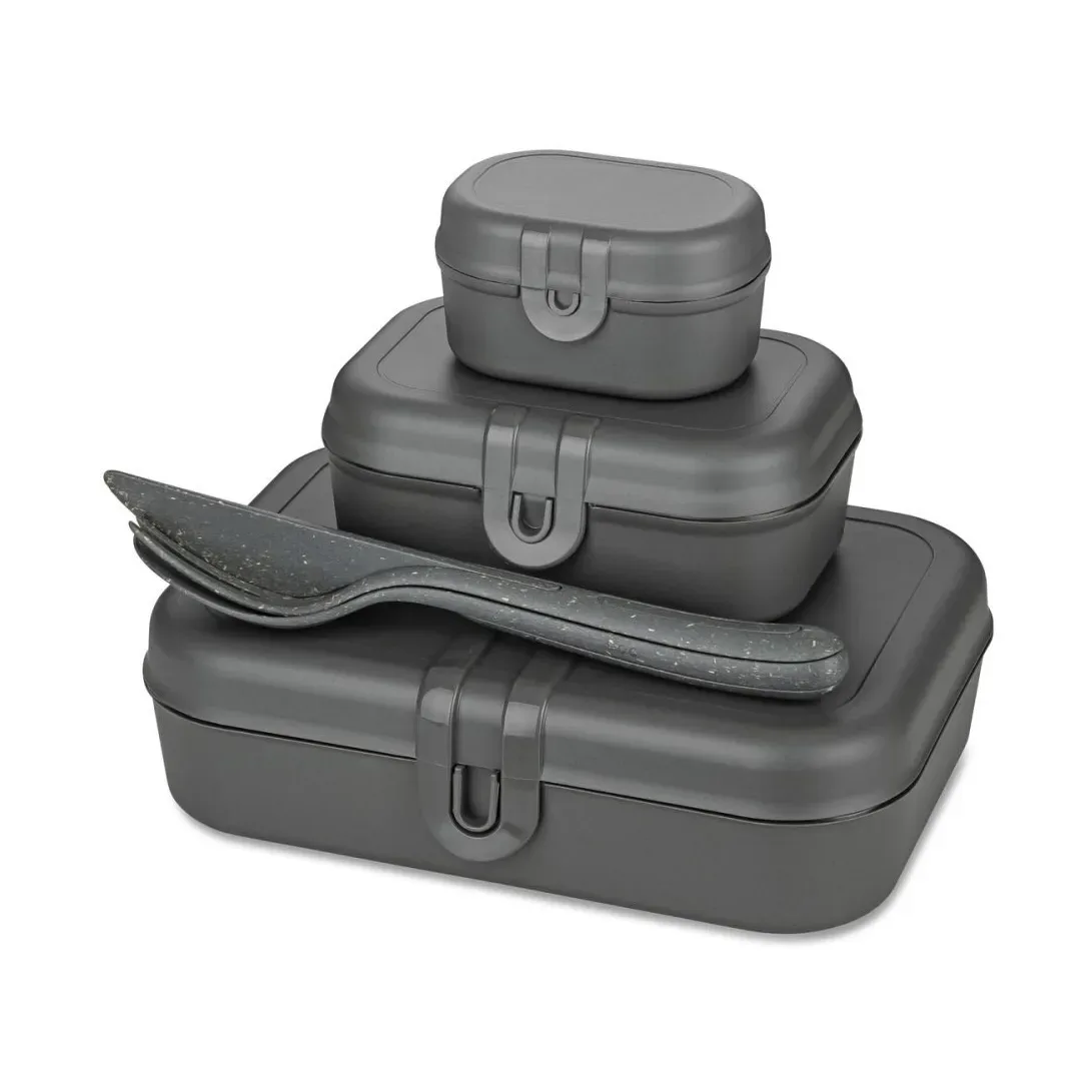 Koziol Pascal Ready Set 3 x Lunchbox und Besteck Nature ash grey