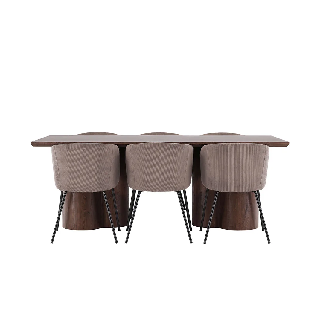 Olivia Essgruppe Tisch 100x210cm und 6 Velours Stühle mit Armlehnen mocca.