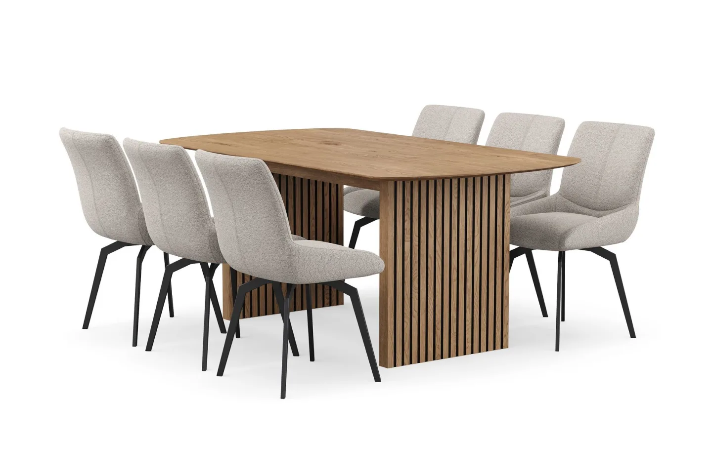 Richeto Matgrupp 180 cm med 6 Mora Snurrstolar - Naturlig finish/Mörkbeige