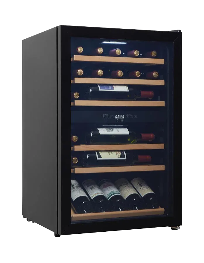 Weinkühlschrank freistehender schwarz, Cavin Polar Collection 51, zwei Temperaturzonen, 37 Flaschen, ausziehbare Regale, Holzregale, B: 54 x H: 84,5 x T: 54,8 cm