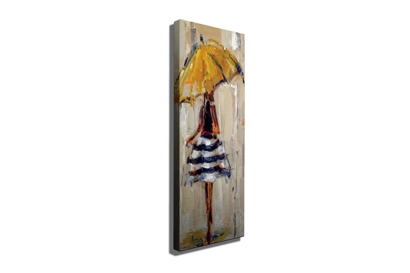 Canvastavla 30x80 cm - Kvinna med gul paraply och randig klänning - Gul / Svart / Vit