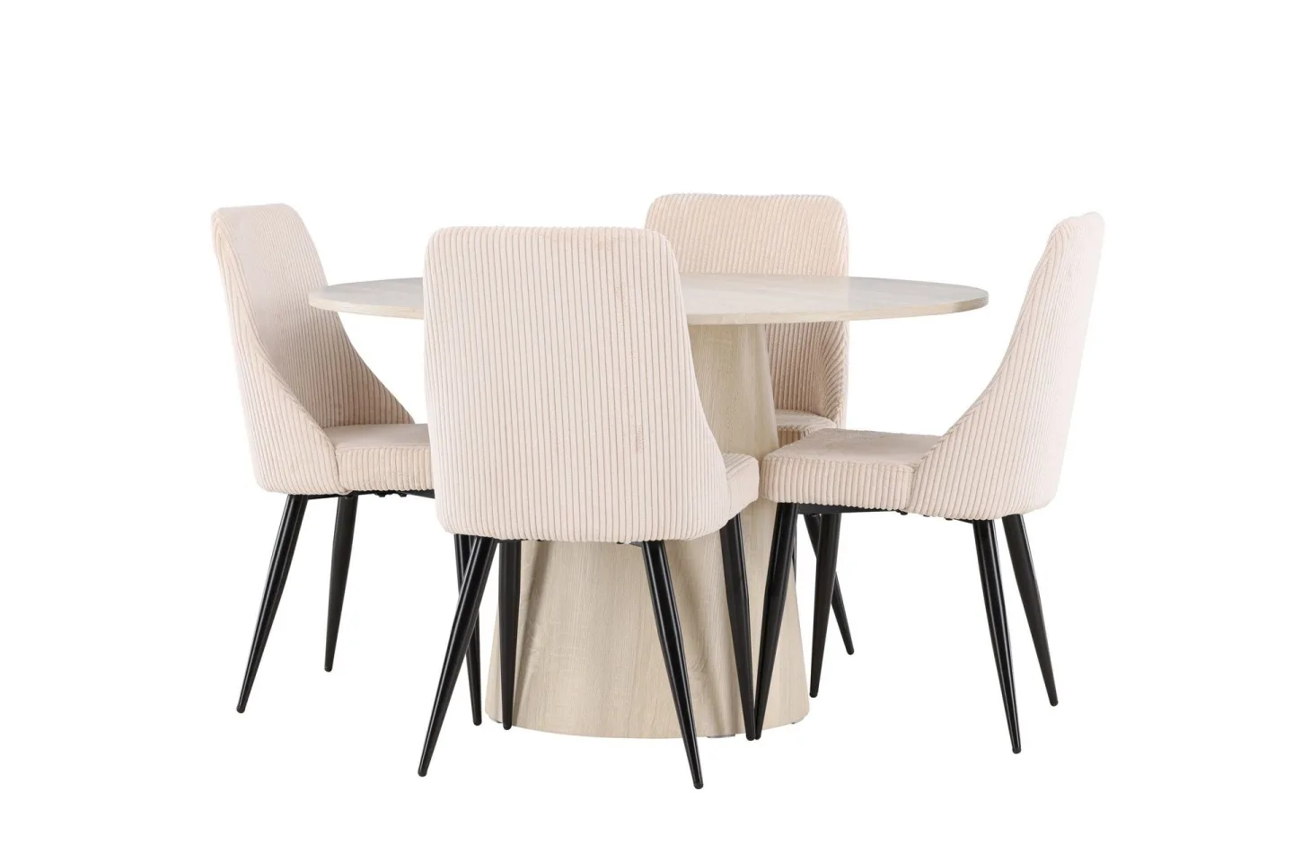 Lanzo Matgrupp 120 cm Rund med 4 Leone stolar - Whitewash/Beige