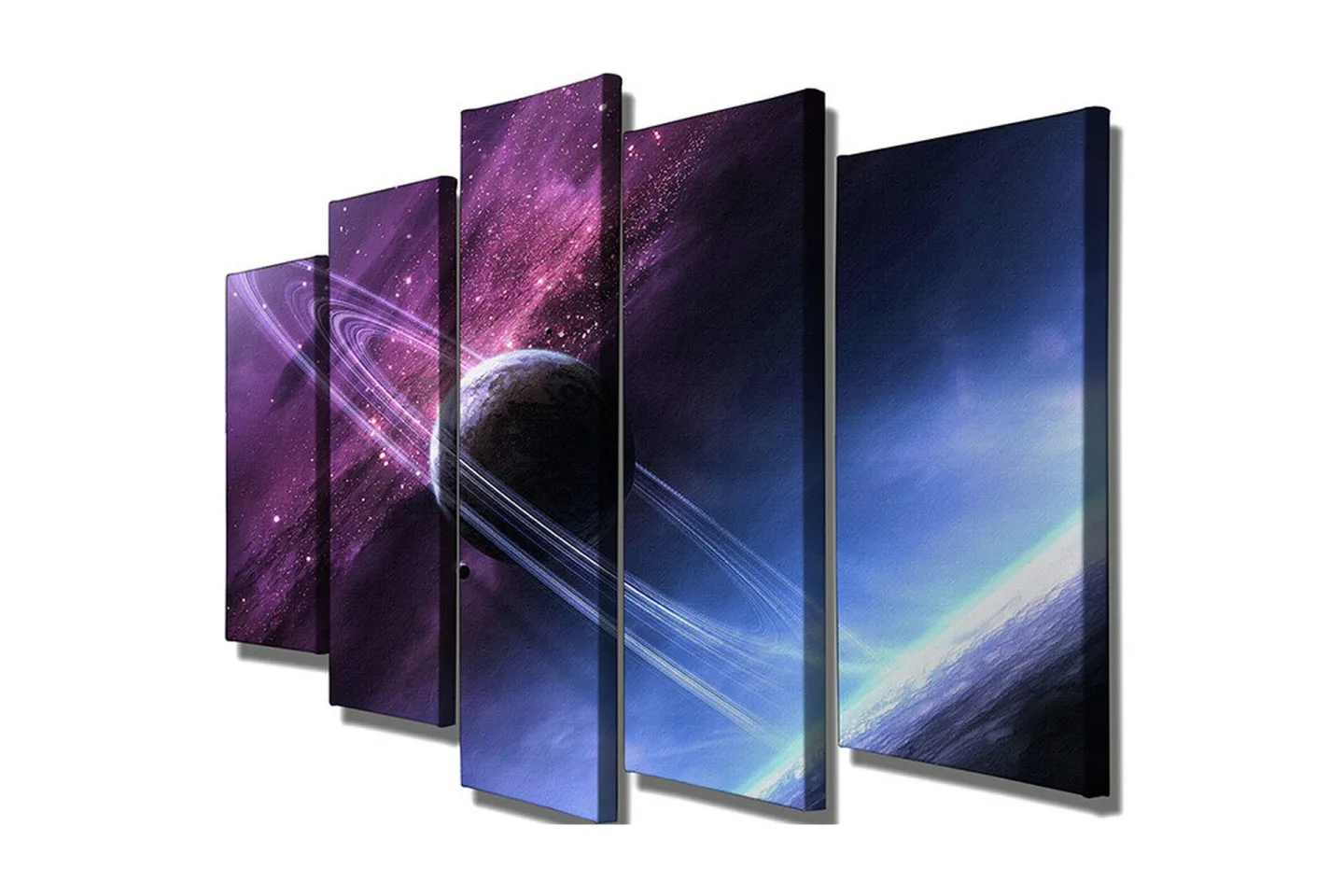 Stor Canvastavla i 5 delar 105x70 cm - Rymdlandskap med en planet och ringar i en stjärnspäckad himmel - Lila / Blå / Svart