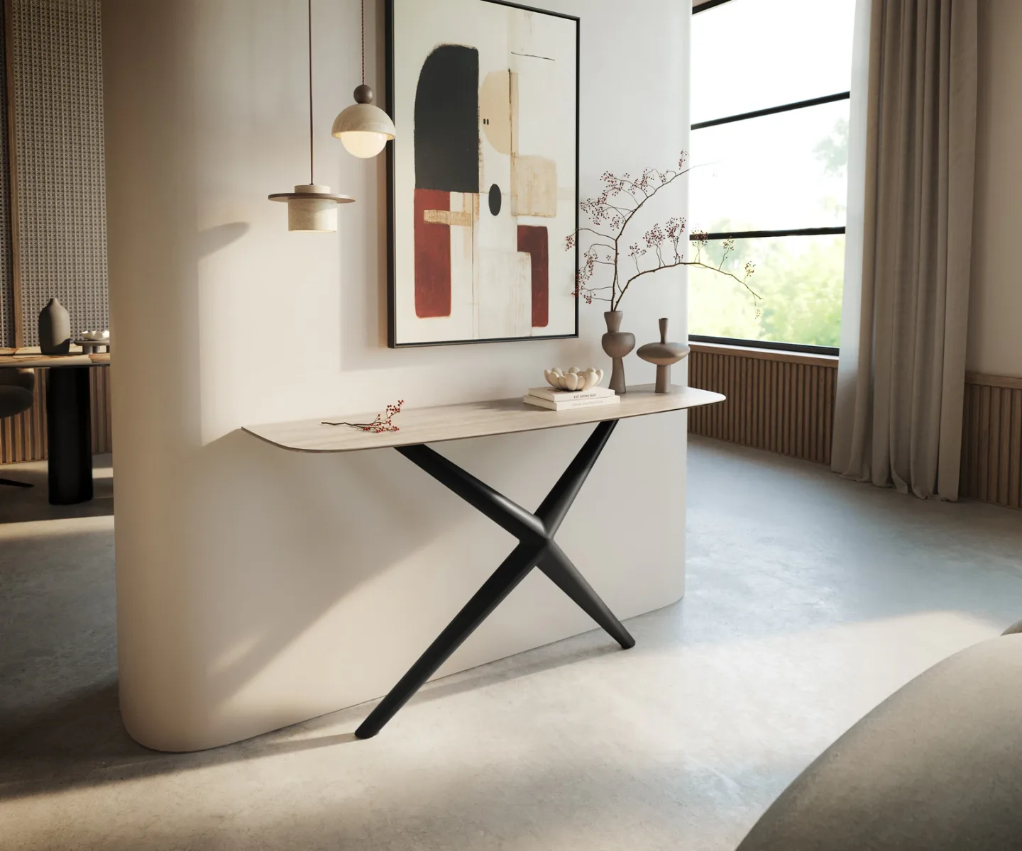 Konsolentisch Edge Boot 140x40 cm Keramik Laminam® Travertino Bianco Creme-Weiß Estelo Metall Schwarz